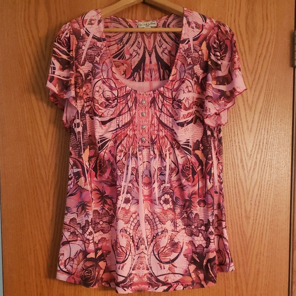 Pretty Live and Let Live Pink Swirly Patterned Top Sz 1X